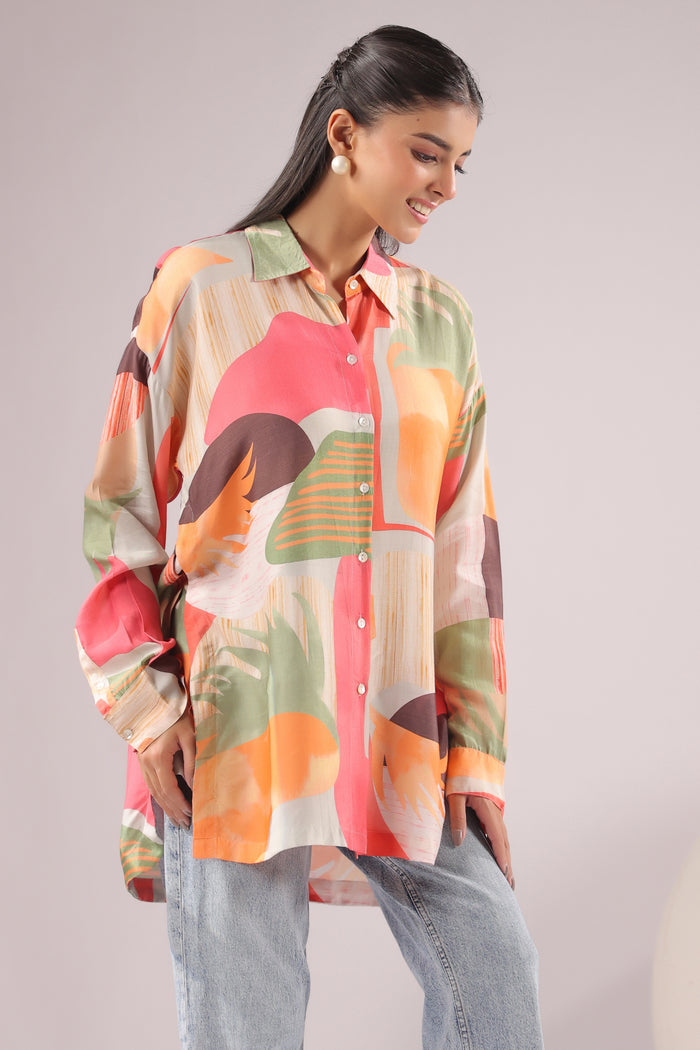 Citrus Abstract Printed Muslin Silk Shirt