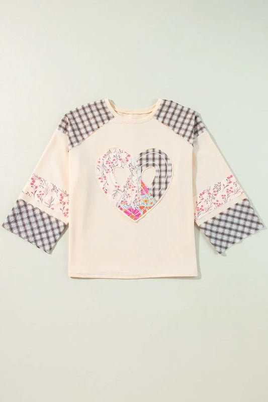Clearly Aqua Plaid Floral Peace Heart Graphic Wide Long Sleeve Top - BEIGE / S / 85% POLYESTER + 10% COTTON + 5%