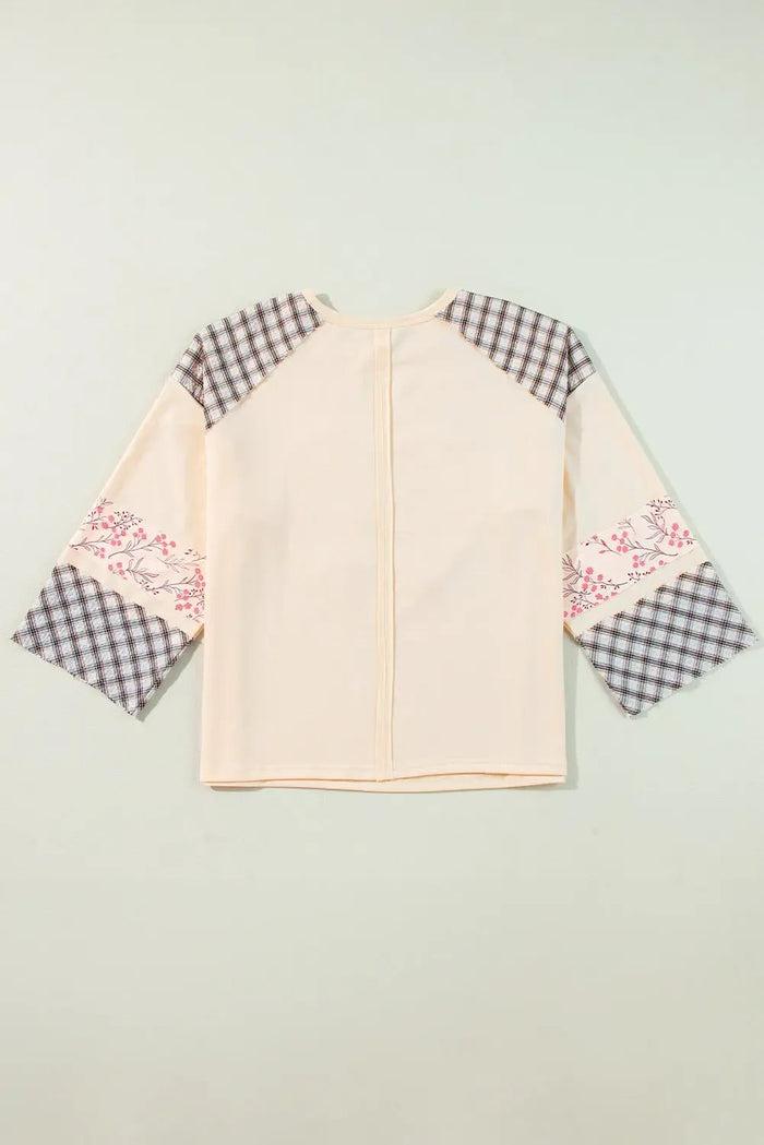 Clearly Aqua Plaid Floral Peace Heart Graphic Wide Long Sleeve Top - Tops/Long Tops