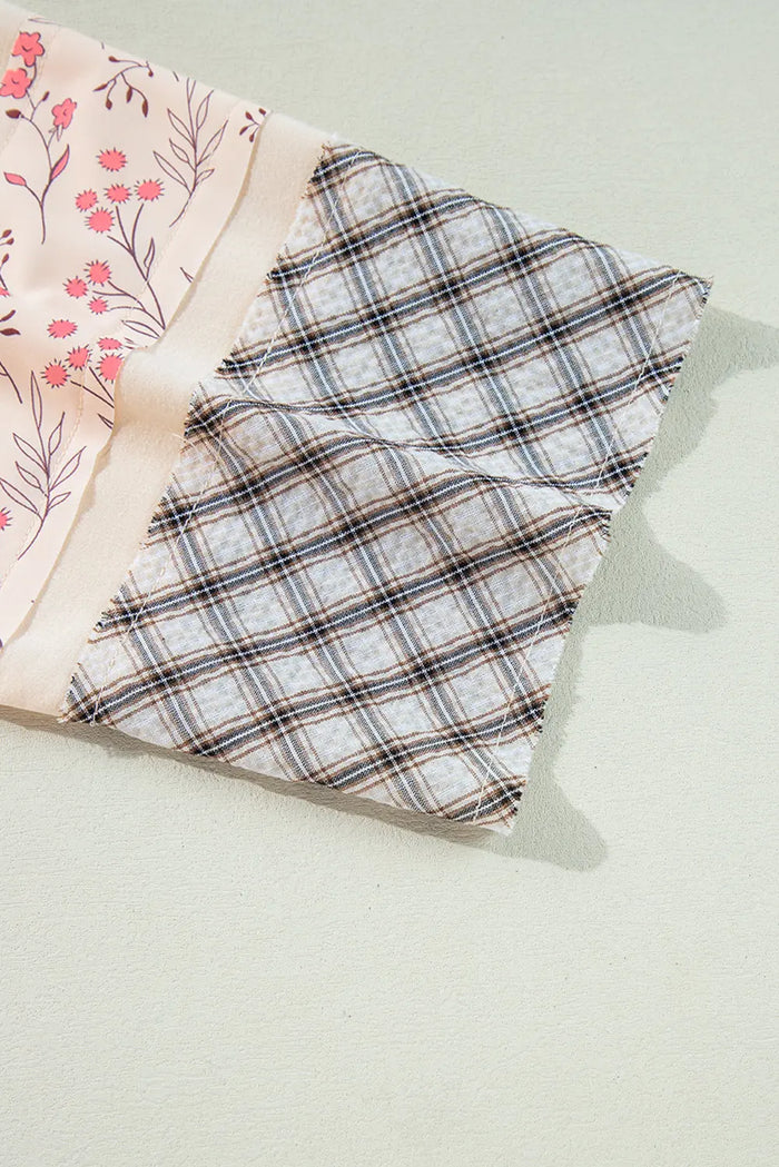 Clearly Aqua Plaid Floral Peace Heart Graphic Wide Long Sleeve Top - Tops/Long Tops