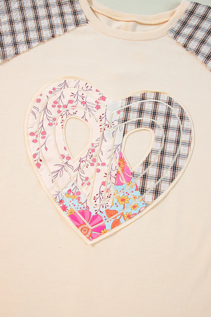 Clearly Aqua Plaid Floral Peace Heart Graphic Wide Long Sleeve Top - Tops/Long Tops