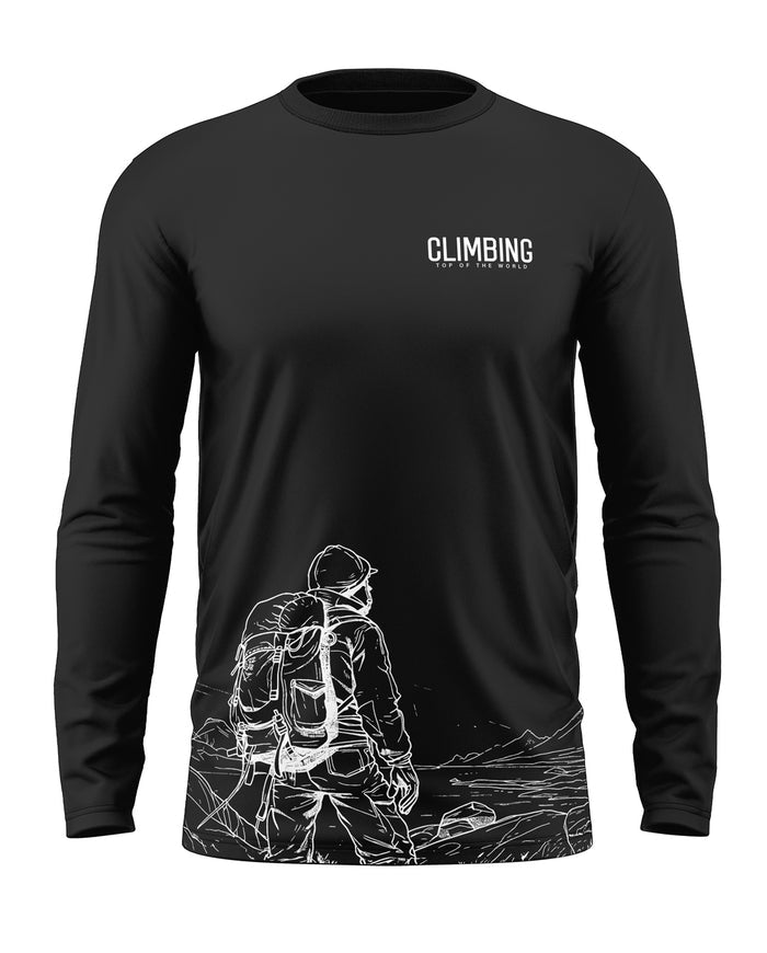 Black men's full sleeve t-shirt with 'Climbing' text and hiker graphic on front