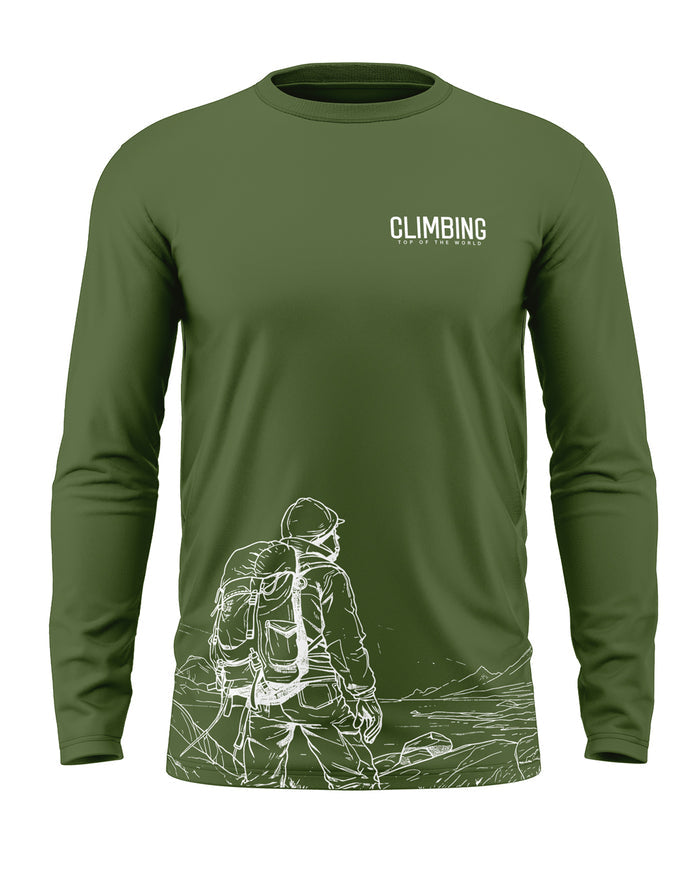Olive green men's full sleeve t-shirt with 'Climbing' text and graphic of hiker outdoors