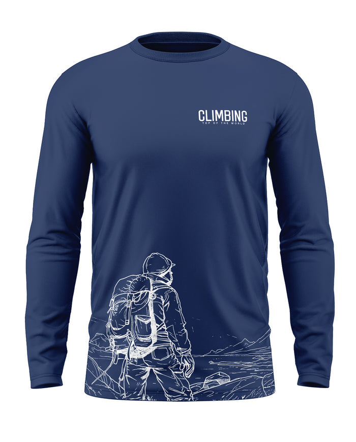 Navy blue men's full sleeve t-shirt with climbing graphic and hiker illustration on front.