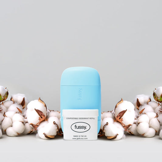 Fussy's natural, refillable deodorant starter pack in Cloud Nine scent (cotton, sandalwood, vetiver) with deodorant case in Blue colour.