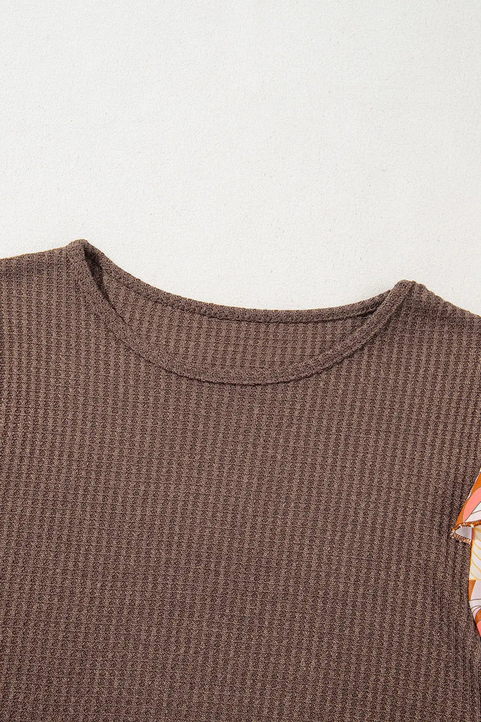 Coffee Ruffled Floral Sleeve Patchwork Waffle Knit O Neck Blouse - Tops/Blouses & Shirts