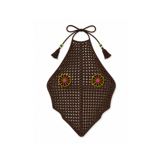 Crochet Halter Top with Beaded Daisy Patches - Brown