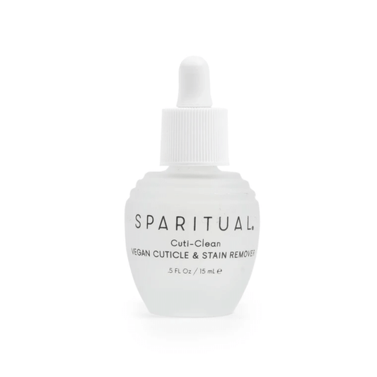 A clear dropper bottle of Cuti-Clean Vegan Cuticle & Stain Remover | Sparitual designed for skincare and nail care routines.