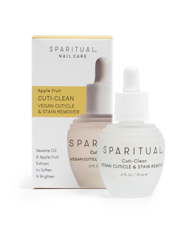 White bottle with dropper and matching box labeled Cuti-Clean Vegan Cuticle & Stain Remover | Sparitual featuring apple fruit and sesame oil for skincare and nail care.