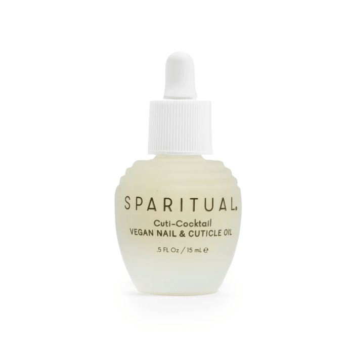 Bottle of Cuti-Cocktail Vegan Nail & Cuticle Oil | Sparitual with a white dropper cap, designed for skincare and nail care.