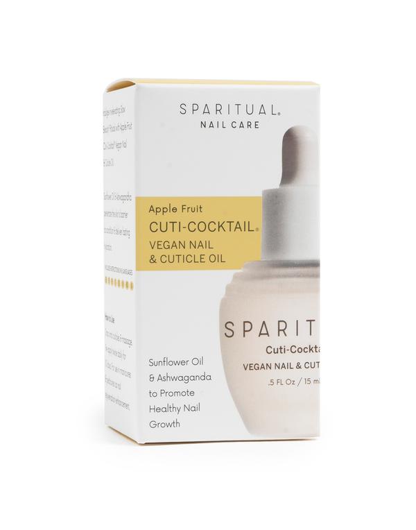 Packaging box for Cuti-Cocktail Vegan Nail & Cuticle Oil | Sparitual featuring Apple Fruit scent, highlighting sunflower oil and ashwagandha to promote healthy nail growth.