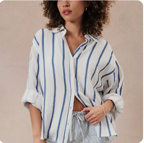 D Dolman Long Sleeve Button Down Double Gauze Stripe Shirt - blue/white