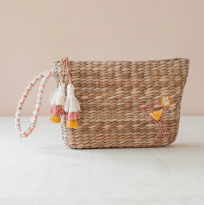 D Mini Woven Pouch with Wristlet and Embroidered Cocktail
