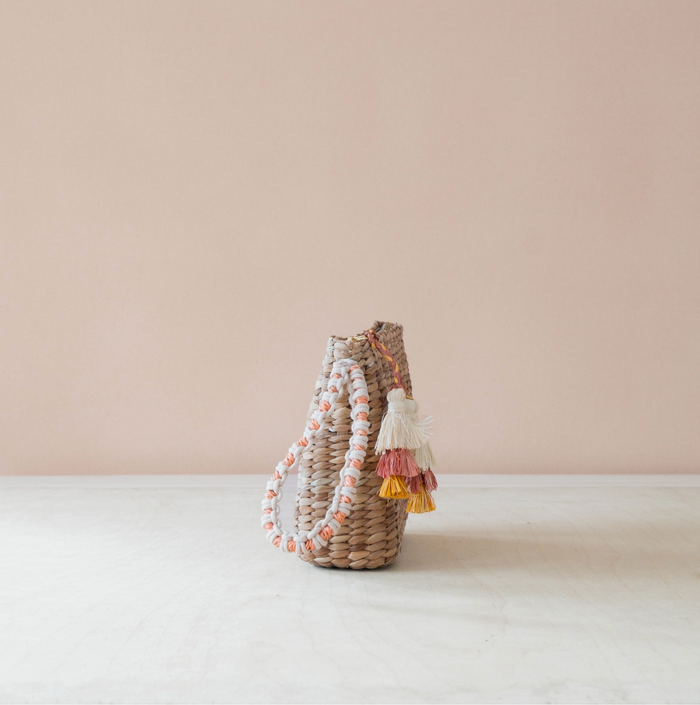D Mini Woven Pouch with Wristlet and Embroidered Cocktail