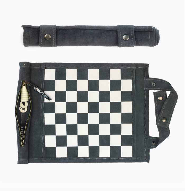 D Travel Checkers/Chess Roll-Up Portable Leather Suede Game Set