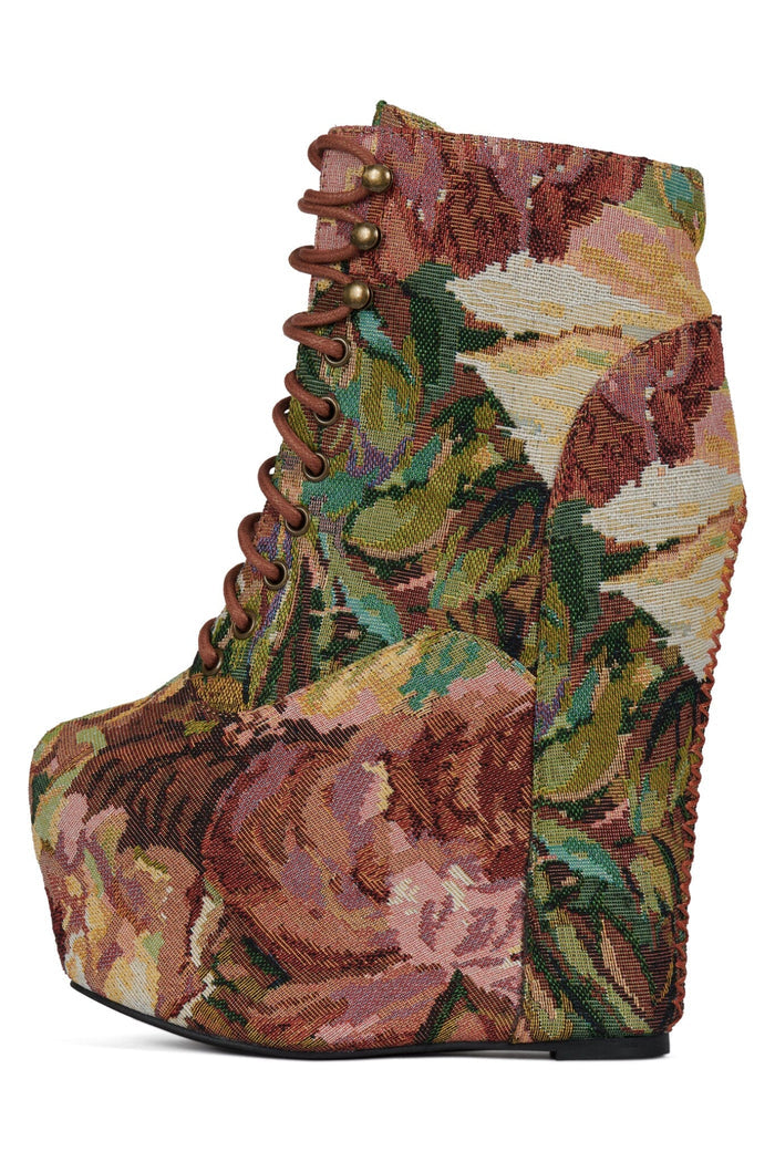 DAMSEL Jeffrey Campbell Platform Boot Beige Rust Tapestry