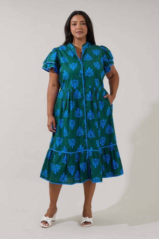 Davie Button Down Midi Dress Geo Curve