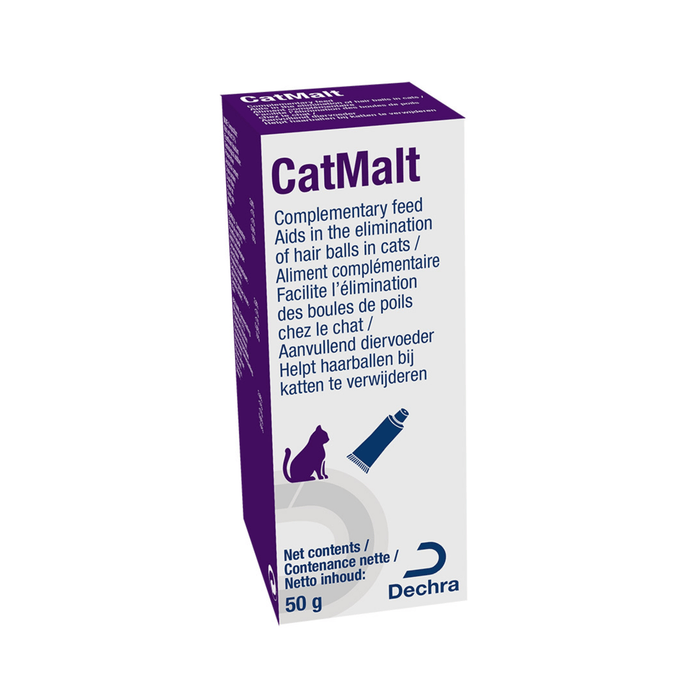 White background with a white box with purple sides for a tube of 50g Dechra CatMalt.