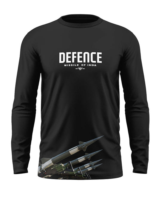Black men's full sleeve t-shirt with 'DEFENCE Missile of India' text and missile graphic print