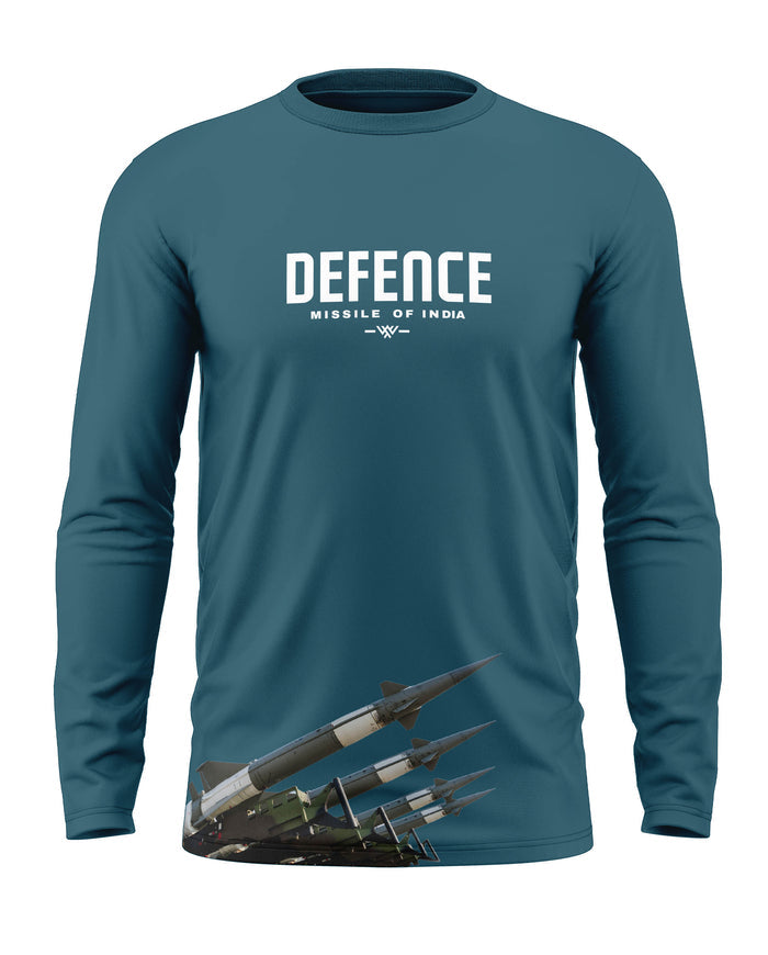 Blue full sleeve men's t-shirt with 'Defence Missile of India' text and missile graphic print