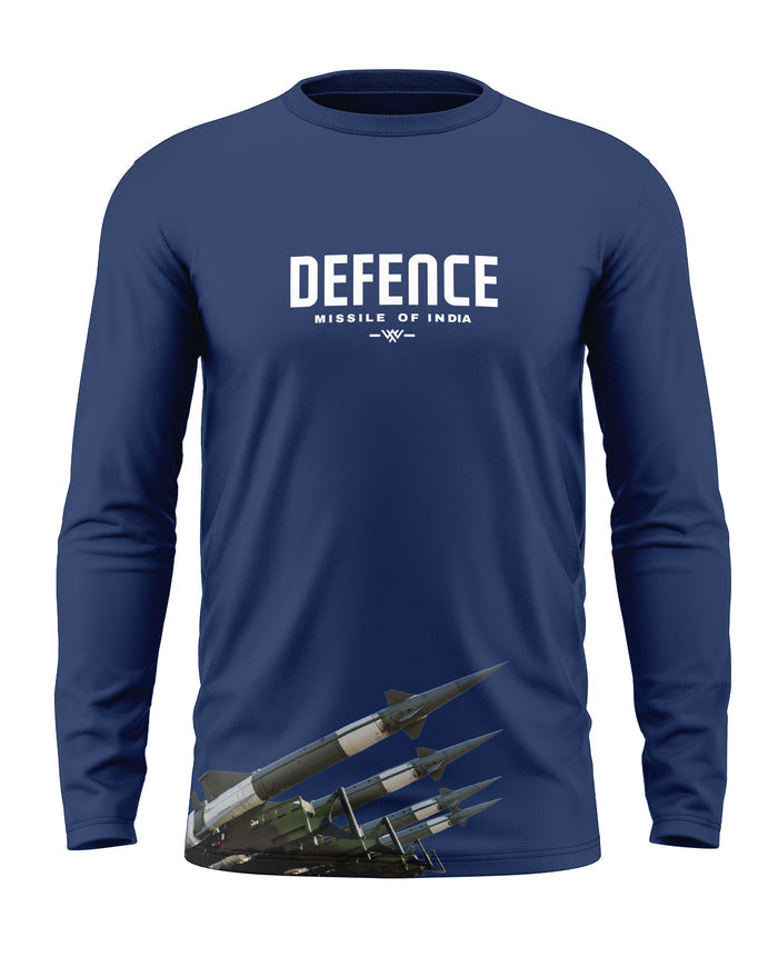 Navy blue men's full sleeve t-shirt with 'Defence Missile of India' text and missile graphic print