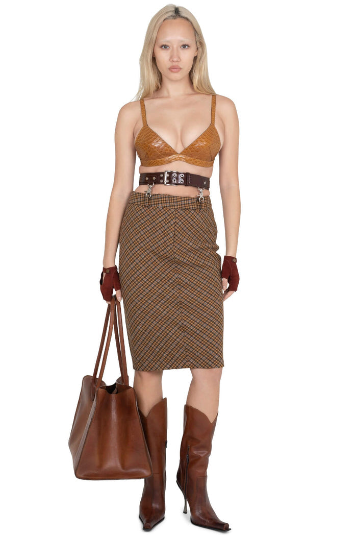 DELPHY SKIRT Jeffrey Campbell Midi Skirt Brown Plaid Tweed