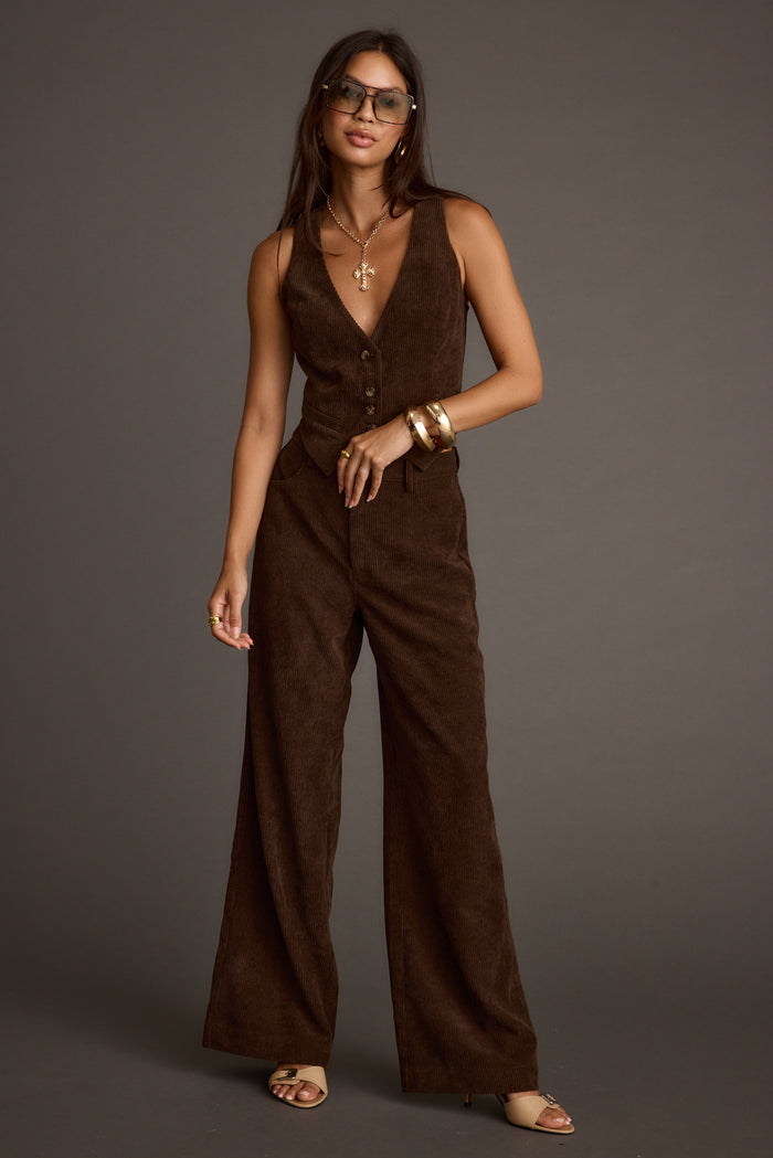 Full-length look at brown corduroy wide-leg trousers styled with the matching Diane vest.