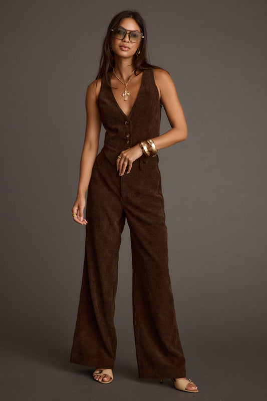 Full-length look at brown corduroy wide-leg trousers styled with the matching Diane vest.