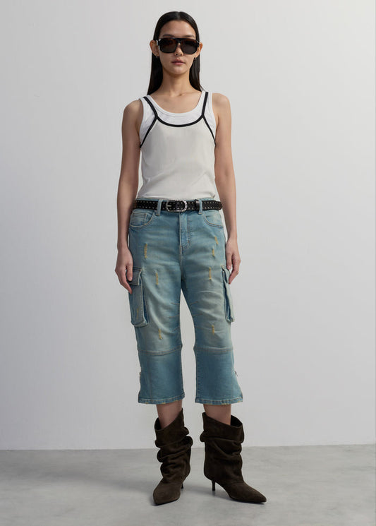 DISTRESSED CARGO CAPRI PANTS