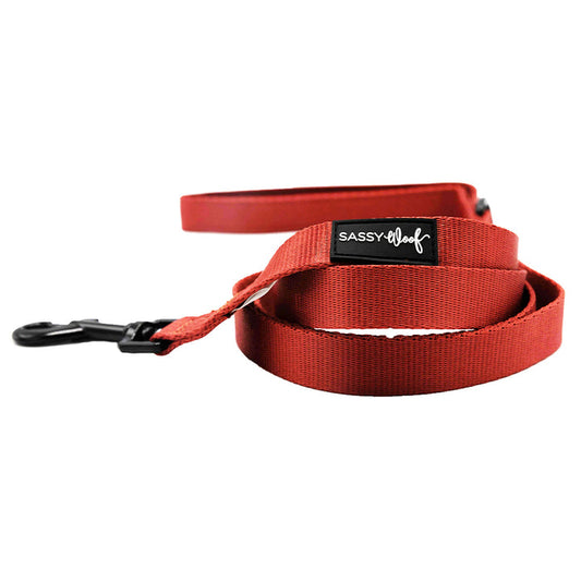 The Dog Leash - Burgundy by Sassy Woof features a black metal clip and a black Sassy Woof label. Shown coiled on a white background, it pairs perfectly with the matching dog harness set.