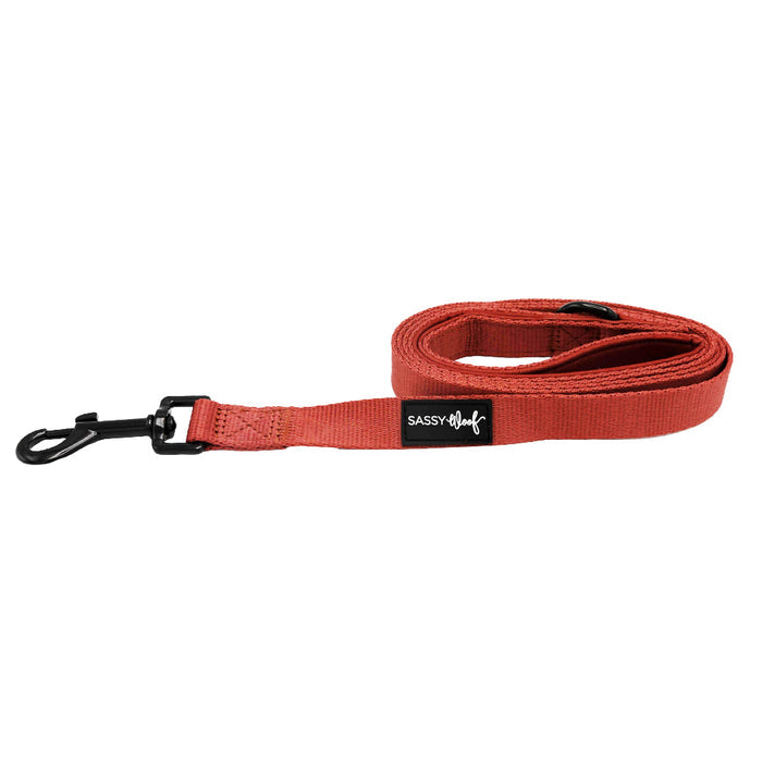 The Sassy Woof Dog Leash in Burgundy features a black metal clip, soft neoprene handle for comfort, and a small SASSY WOOF label—perfect to pair with a matching dog harness set.
