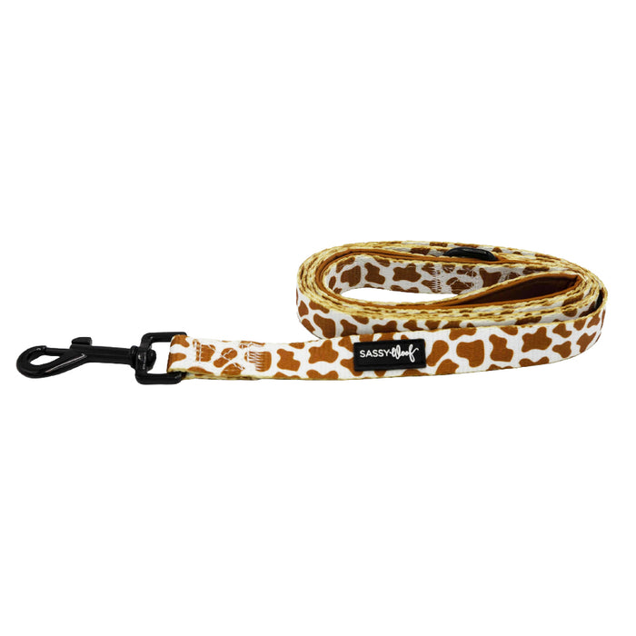 The Sassy Woof Dog Leash - Chocolate Milk features a giraffe print, padded neoprene handle, black metal clip, and a black Sassy Woof label. The leash is coiled to display the unique design.