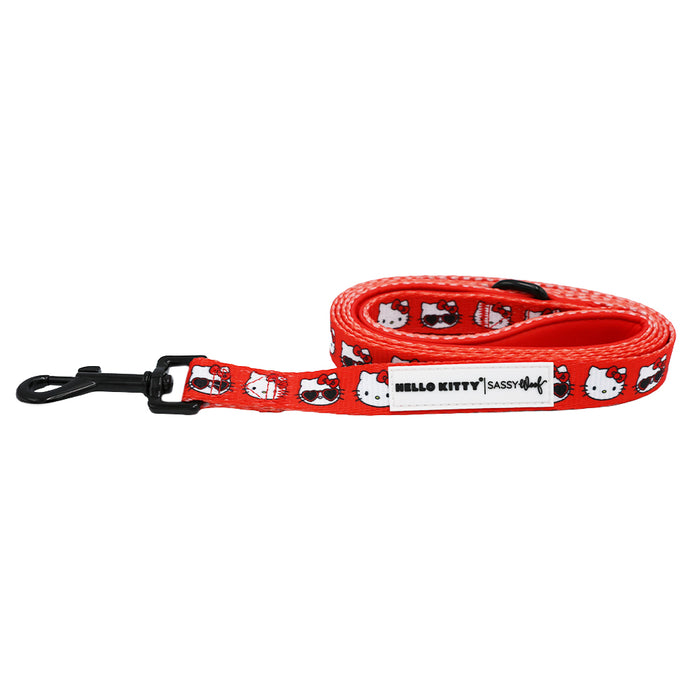 The Dog Leash - Hello Kitty® Red Classic by Sassy Woof features repeating Hello Kitty faces, a black metal clip, and a white label—perfect for any Sanrio collection.