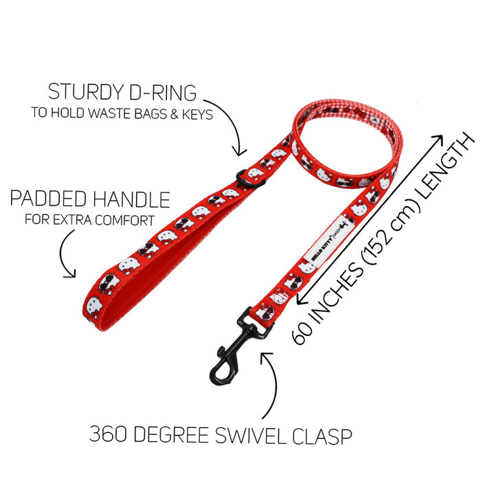 The Sassy Woof Dog Leash - Hello Kitty® Red Classic features a white and black dog pattern, padded handle, sturdy D-ring, 360° swivel clasp, and 60-inch length—perfect for pairing with an adjustable harness or your Hello Kitty collection. Displayed on white background.