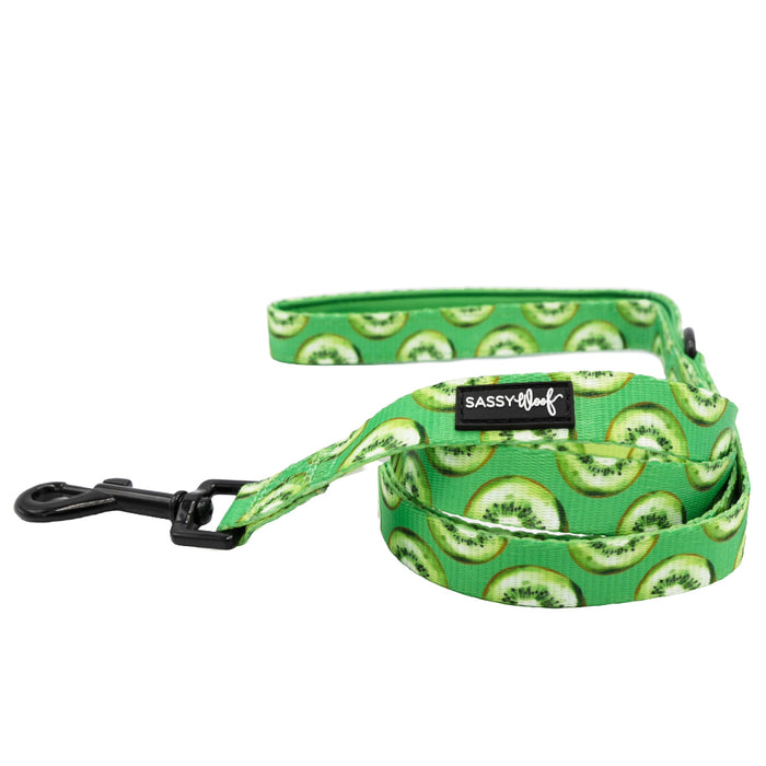 The Sassy Woof Dog Leash - Kiwi Krazy features a playful kiwi fruit print, black metal clip, comfy neoprene handle, and brand label. Shown partially coiled on white—great to pair with the matching harness set.
