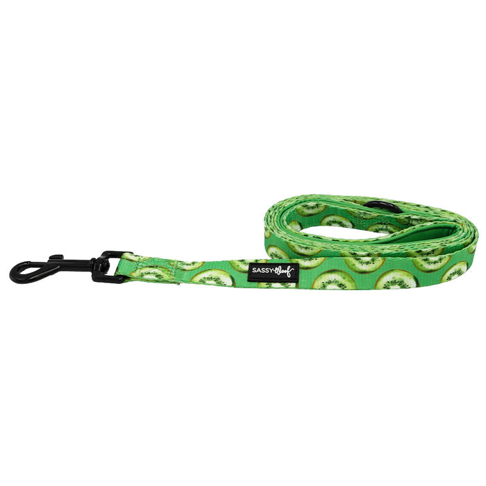 The Sassy Woof Dog Leash - Kiwi Krazy features a playful green kiwi fruit pattern, comfy neoprene handle, and black metal clasp with a branded label. Coiled neatly on white—ideal to pair with the matching harness set.