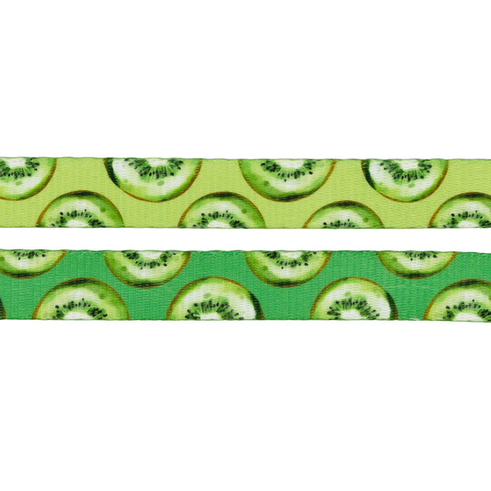 Two strips of ribbon with repeating kiwi slice patterns—one light green, one dark green—perfect to pair with a Sassy Woof Dog Leash - Kiwi Krazy or matching harness set.