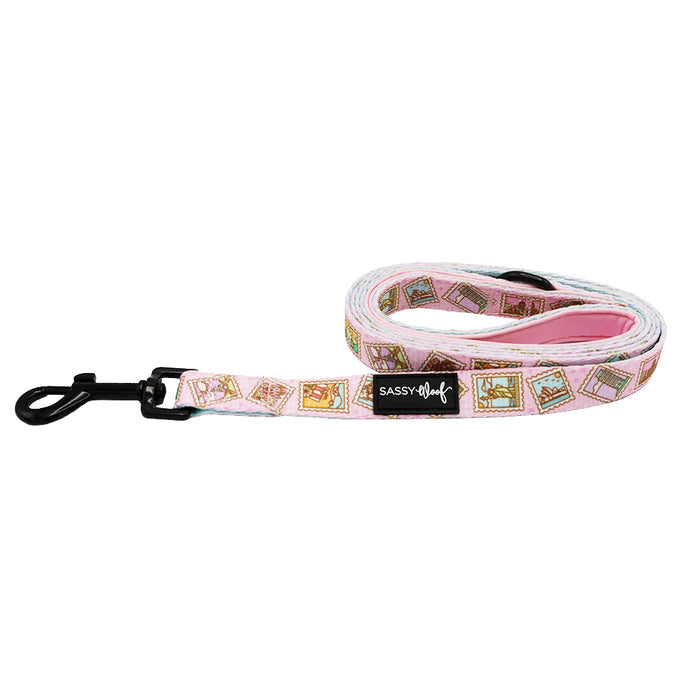 The Sassy Woof “Out of Office” dog leash features a pink design with colorful squares, a neoprene handle, black clip, and branded label.