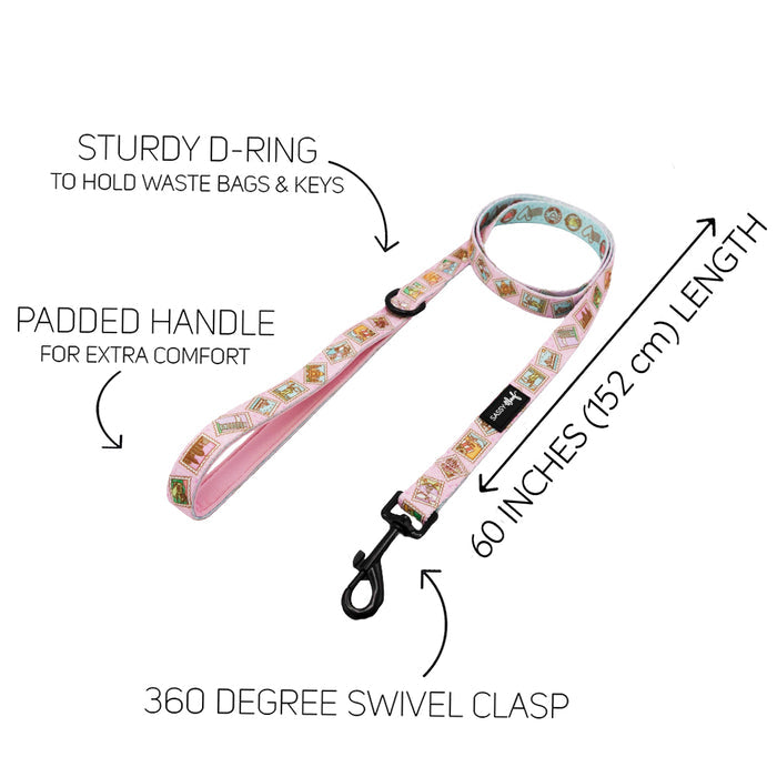 The Sassy Woof Dog Leash - Out of Office features a pink pattern, padded neoprene handle, sturdy D-ring for bags or keys, 360° swivel clasp, and measures 60 inches (152 cm). Pairs perfectly with an adjustable harness.