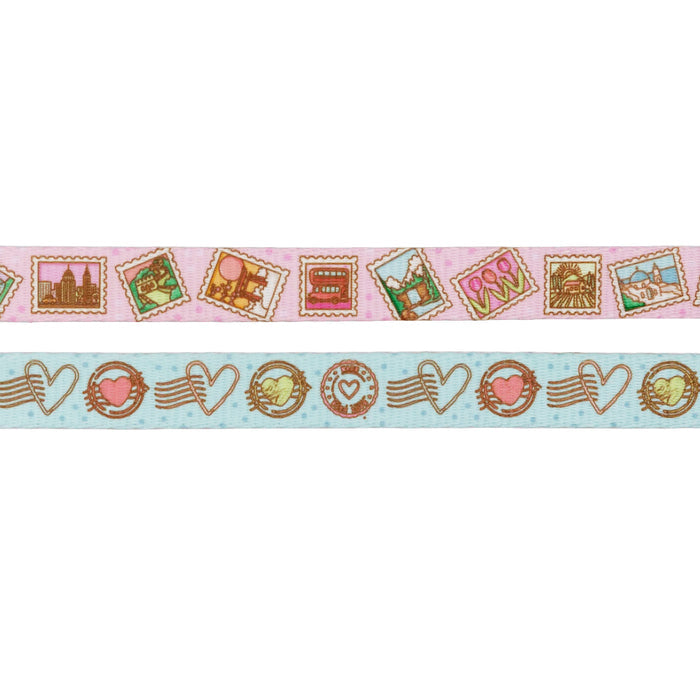 Add a charming touch to your Sassy Woof Dog Leash - Out of Office with two decorative tapes: pink with postage stamp illustrations and light blue with hearts, postmarks, and envelopes—perfect for personalizing your leash or harness.