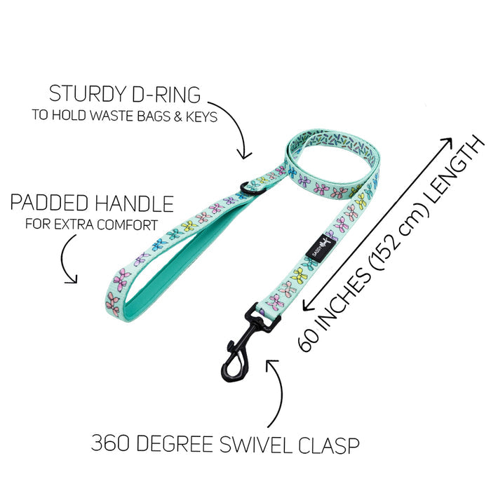 The Sassy Woof Dog Leash - Pup Pup Hooray features colorful turquoise designs, a soft neoprene handle, sturdy D-ring for waste bags or keys, 60-inch (152 cm) length, and a 360° swivel clasp—perfect with an adjustable harness.