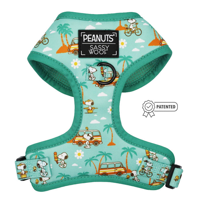 The Sassy Woof Dog Two Piece Bundle—Peanuts™ Road Tripping features a teal adjustable harness with Snoopy, Woodstock, palm trees, flowers, vans, plus Peanuts and Sassy Woof patches—a stylish and fun adventure set for your dog!.