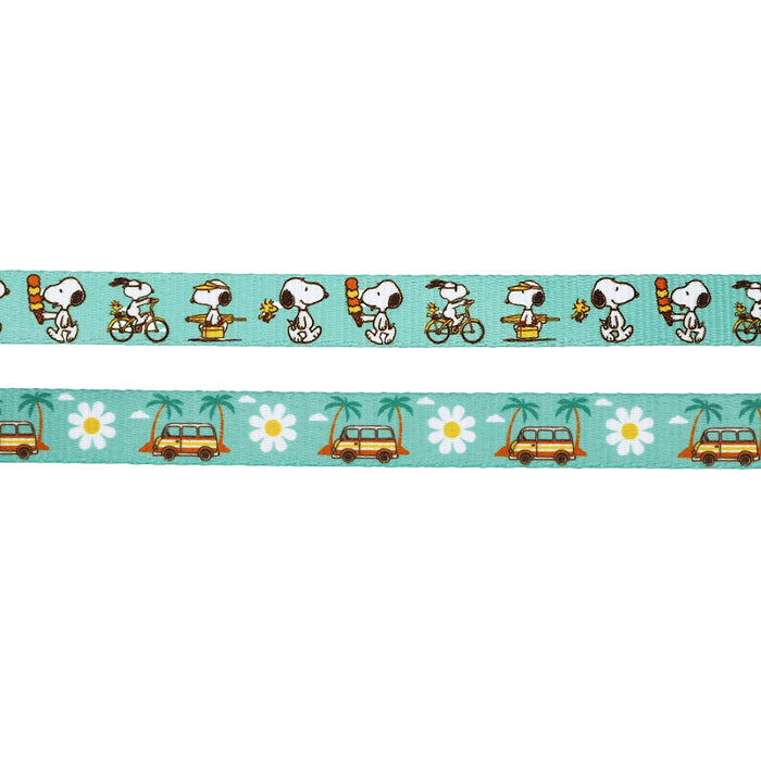 The Sassy Woof Dog Two Piece Bundle - Peanuts™ Road Tripping features two ribbons: one with Snoopy biking and skateboarding, the other with orange vans, daisies, and palm trees—ideal for customizing your dog's harness or adventure gear.