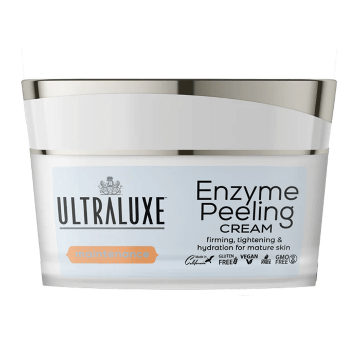 Jar of Enzyme Peeling Cream | Ultraluxe Skincare with firming, tightening, and hydration benefits for mature skin in white and silver packaging.