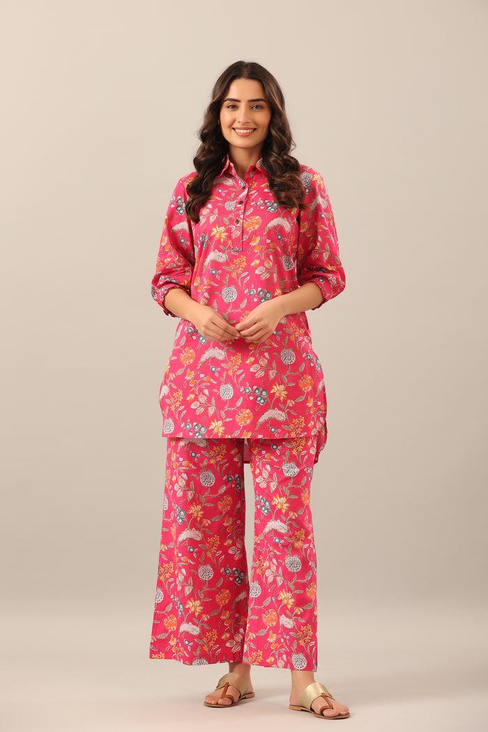 Floral Garden on Pink Collared Cotton Palazzo Loungewear Set
