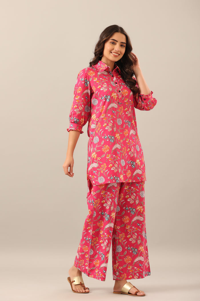 Floral Garden on Pink Collared Cotton Palazzo Loungewear Set