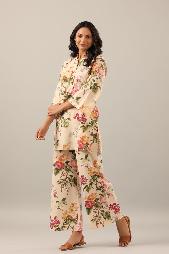 Floral jaal on Beige Cotton Palazzo Loungewear Set