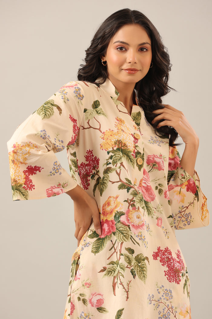 Floral jaal on Beige Cotton Palazzo Loungewear Set