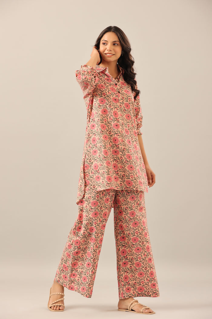 Floral Mosaic on Pink Cotton Collared Smoked Sleeves Palazzo Loungewear Set