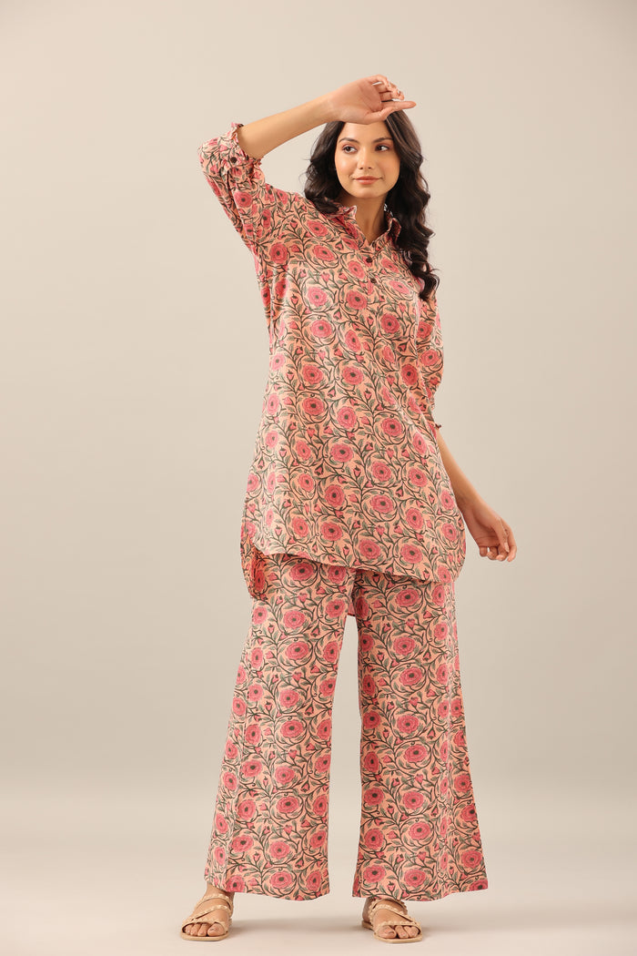 Floral Mosaic on Pink Cotton Collared Smoked Sleeves Palazzo Loungewear Set